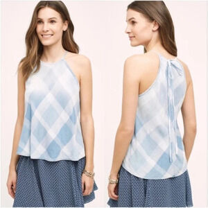 Anthropologie Cloth and Stone Sky Halter Tank Top Plaid Checkered Gauze Blue XS